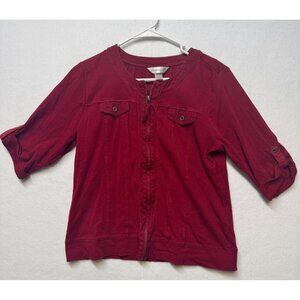 Christopher & Banks Red 3/4 Sleeve Zip-Up Jacket With Button Details Large